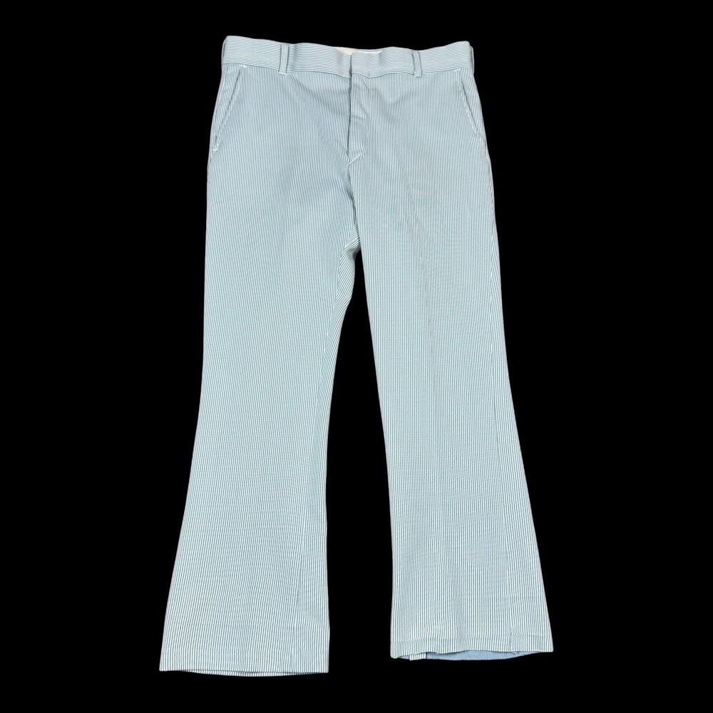 Vintage 60s 70s Talon Zipper Blue/White Seersucker Pants Men's 33x27.75 FLAWS‎